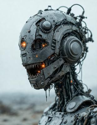 The primary subject of the image is a futuristic robot with a metallic face and a mouth full of teeth. The robot is the main focus of the image, and it appears to be a digital art or illustration. The setting is a dark environment, with the robot standing in front of a rocky surface. The overall atmosphere of the image is mysterious and intriguing, as the robot seems to be staring directly at the viewer.